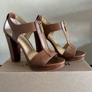 MICHAEL Michael Kors Brown Leather Zip-Front High Heel Sandals